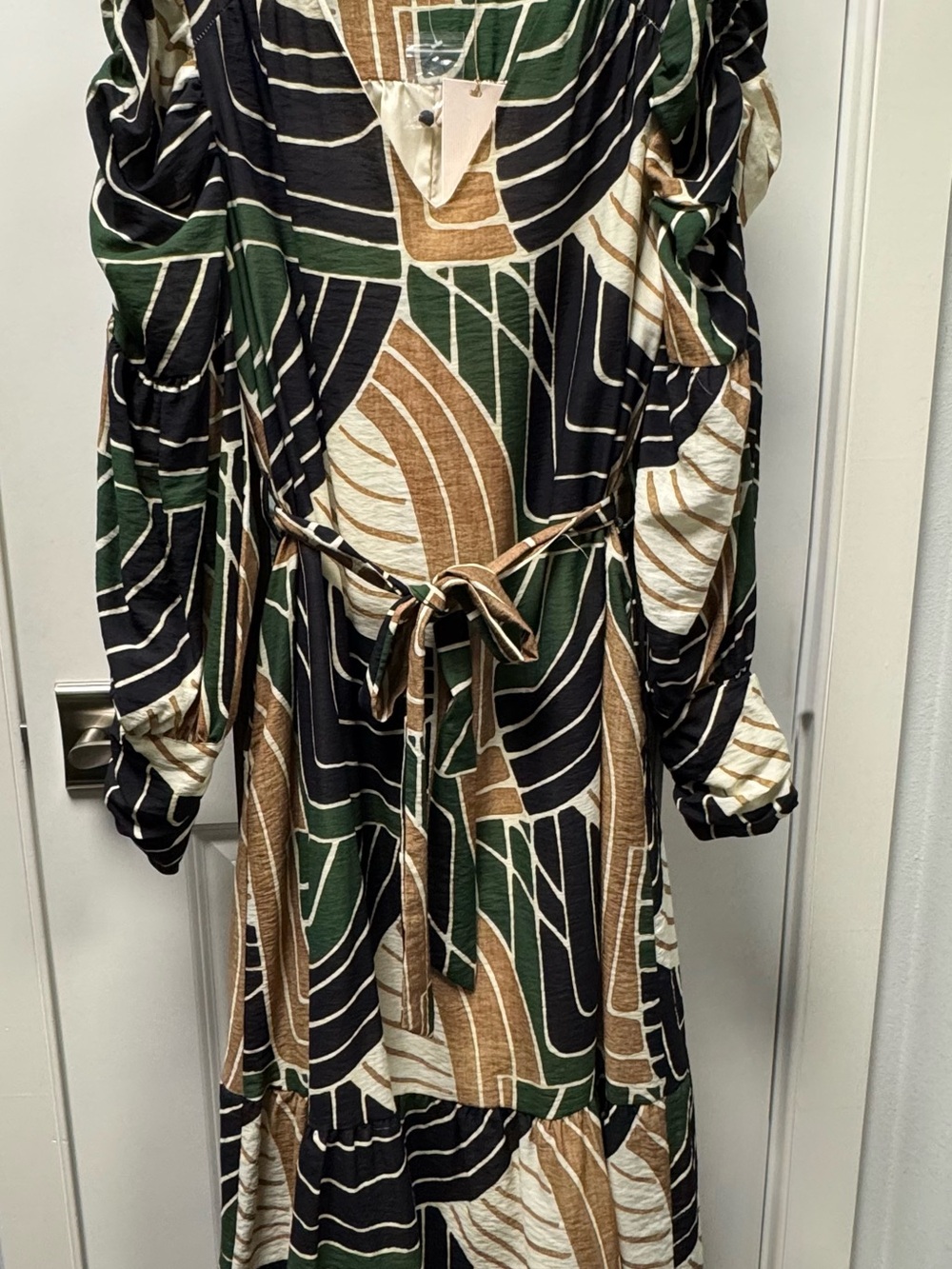 Abstract Geo-Print Long Sleeve Midi Dress — Black, Green & Tan